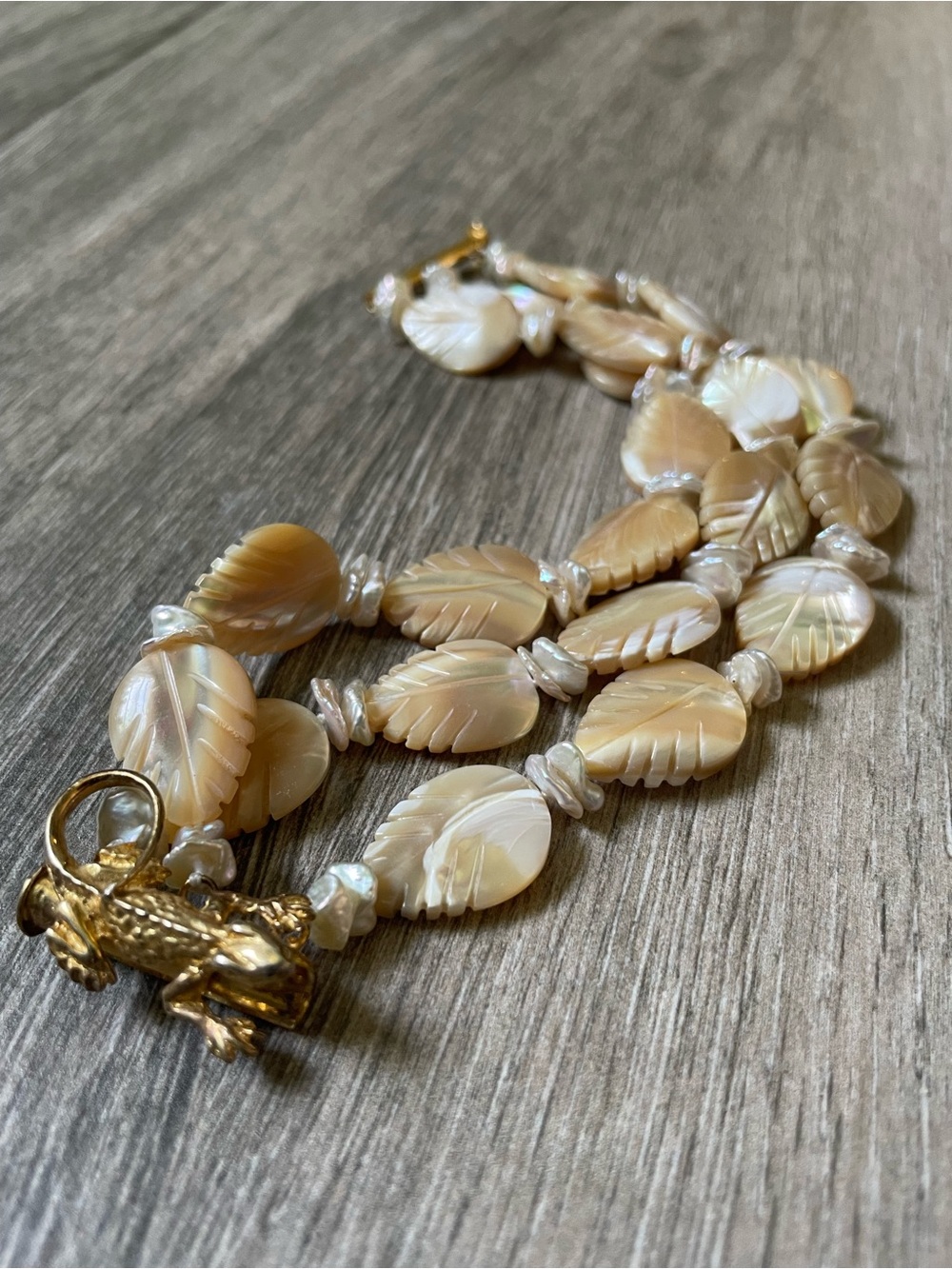 Carved Shell Leaf Mother Of Pearl and Fresh Water Pearl Beads bracelet